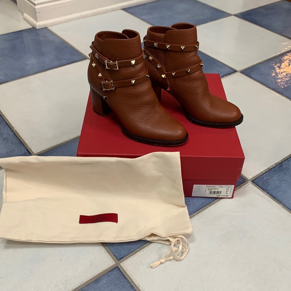 Valentino Brown Leather Studded Ankle Boots